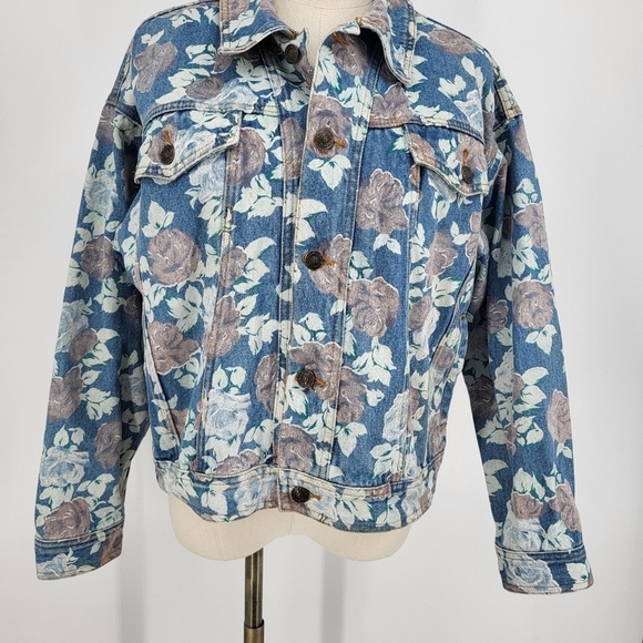 Vintage Floral Print Denim Jacket Button Up Blue Jean Large Judy - Picture 6 of 9